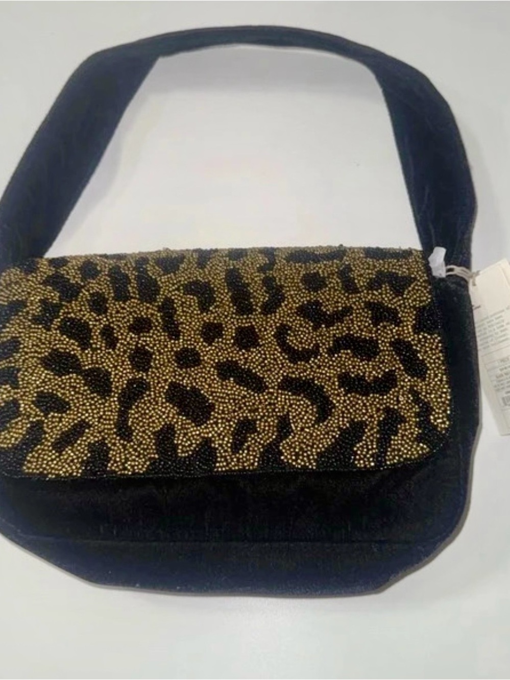 Black Velvet Shoulder Bag with Gold Leopard Beaded Flap